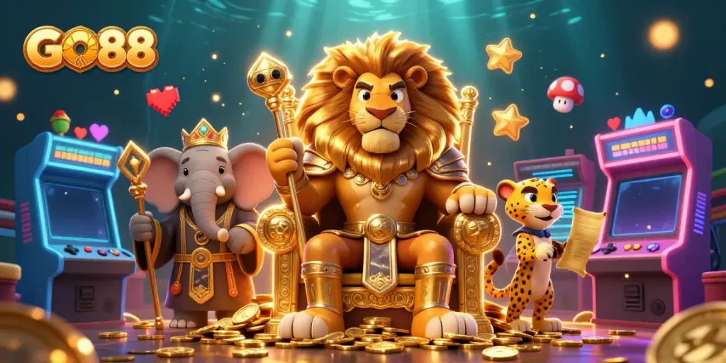 Engage in thrilling gameplay at GO88, featuring a lion king, wise elephant and swift cheetah amidst vibrant casino elements.