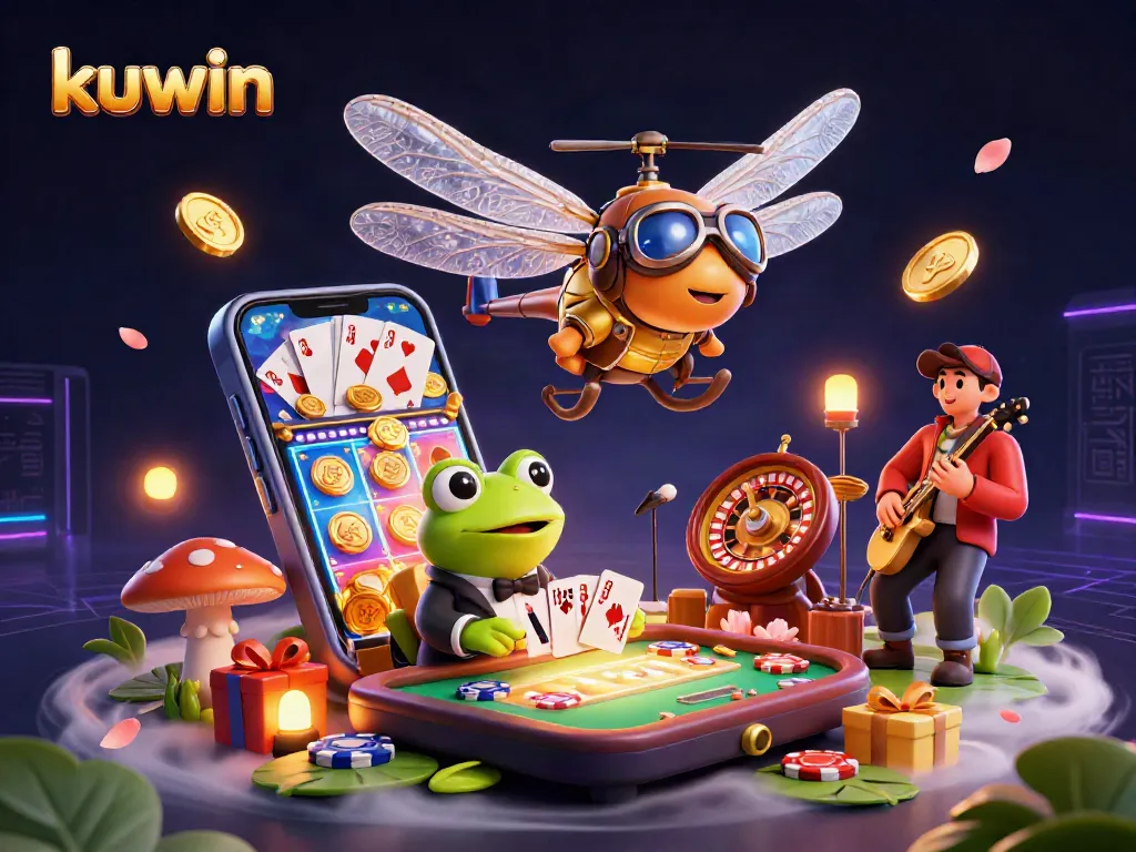 Engage with kuwin at a lively casino scene with a dragonfly pilot, frog croupier, and jazz musicians.