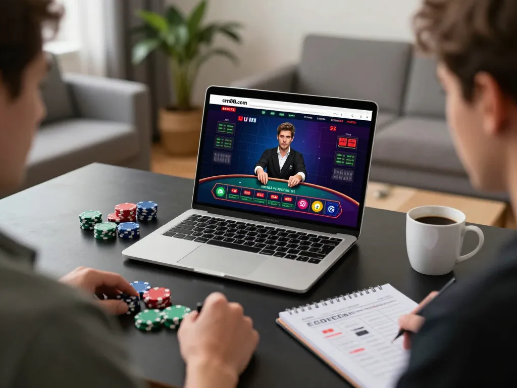An engaged player strategizing at cm88.com with chips and notes in a cozy gaming setup.
