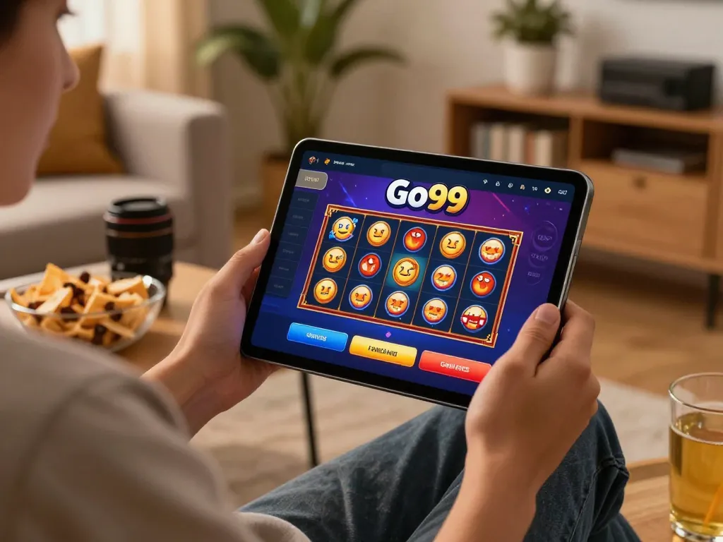 Player enjoying Go99 online gaming experience on tablet in cozy home setting