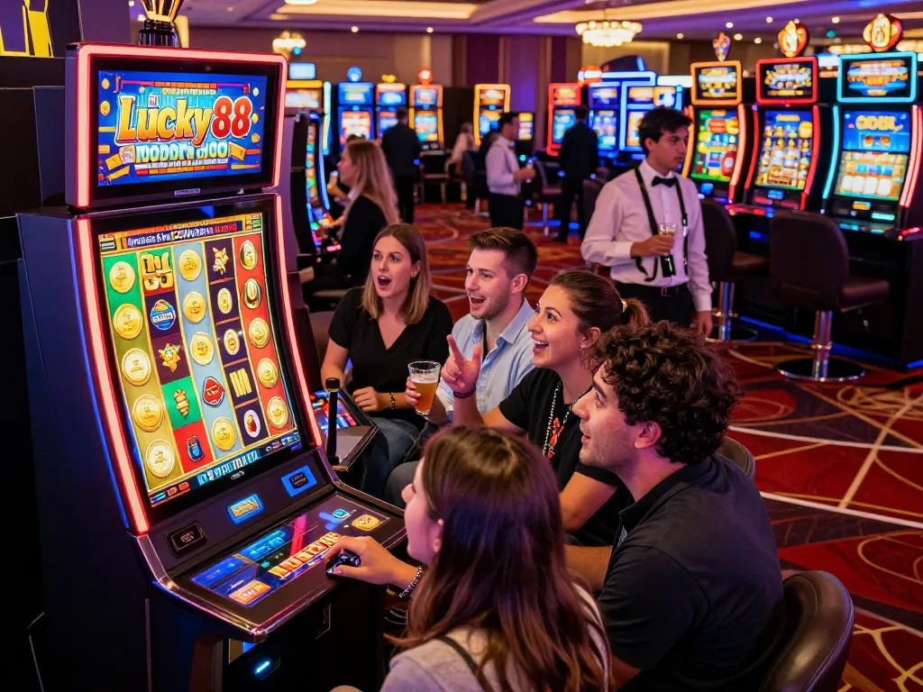 Players enjoying the Lucky88 slot machine in an exciting casino atmosphere, showcasing vibrant reels and lively expressions.