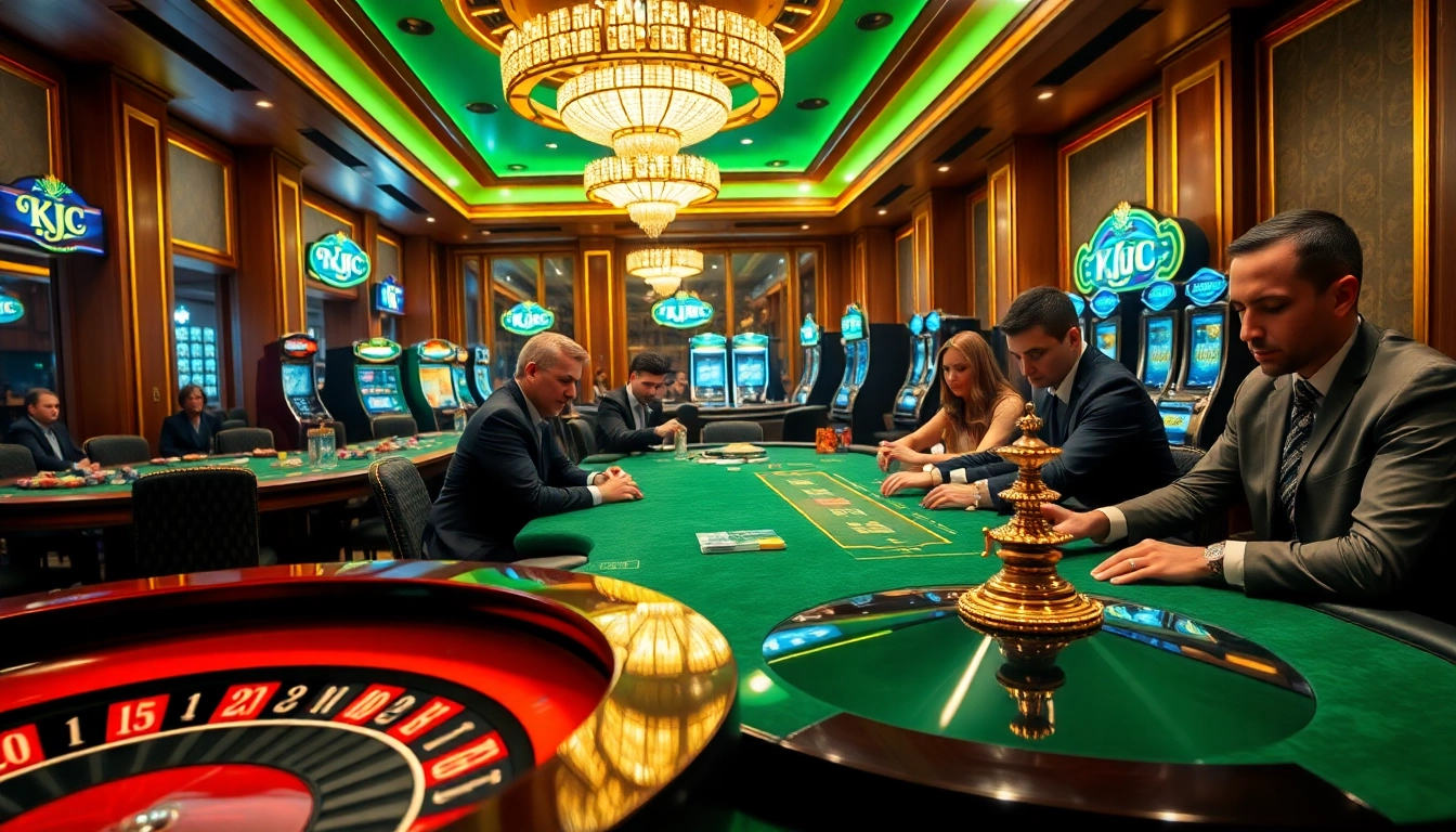 Experience thrilling gameplay at KJC's luxurious casino with professional poker tables and vibrant atmosphere.