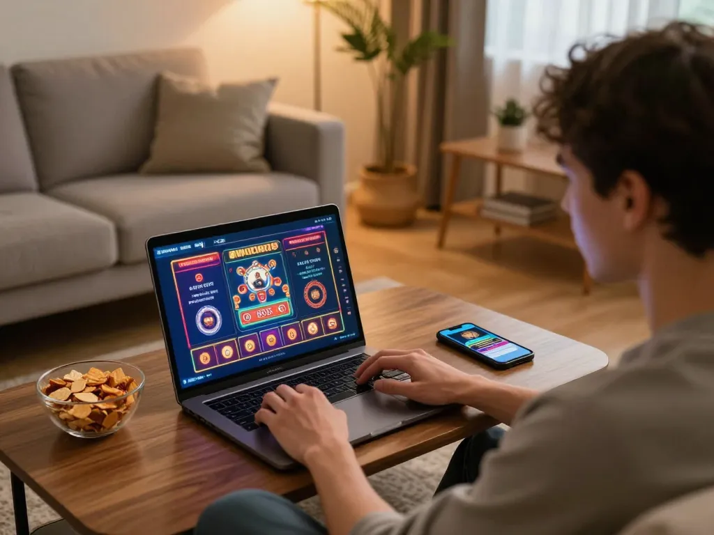 Engaging online gaming session with player using 78WIN casino app on laptop in cozy home.