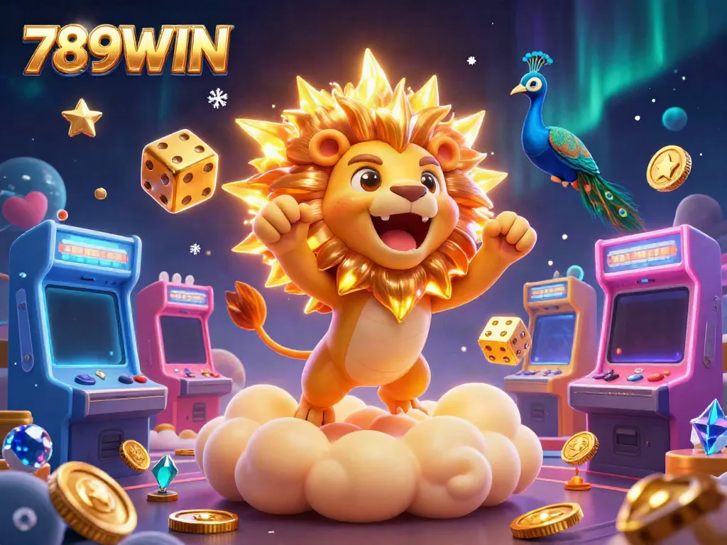 Witness the triumph of 789WIN with a roaring lion and dynamic gaming elements in a vibrant 3D scene.