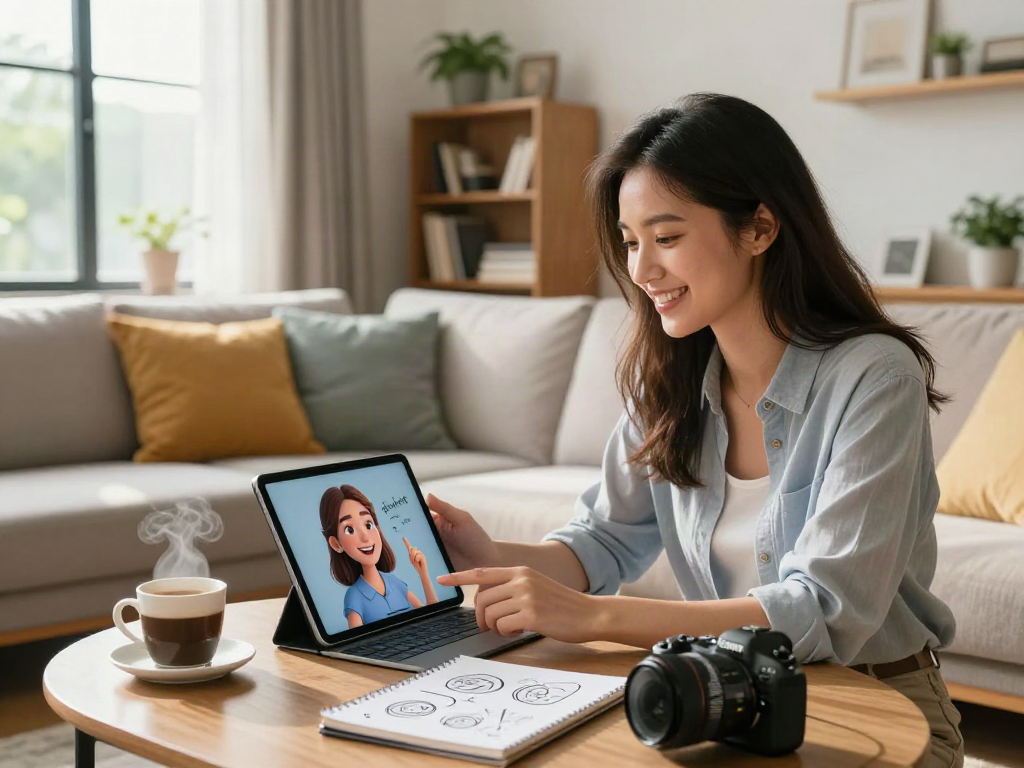 Young professional interacting with her AI girlfriend on a tablet in a cozy, tech-filled living room