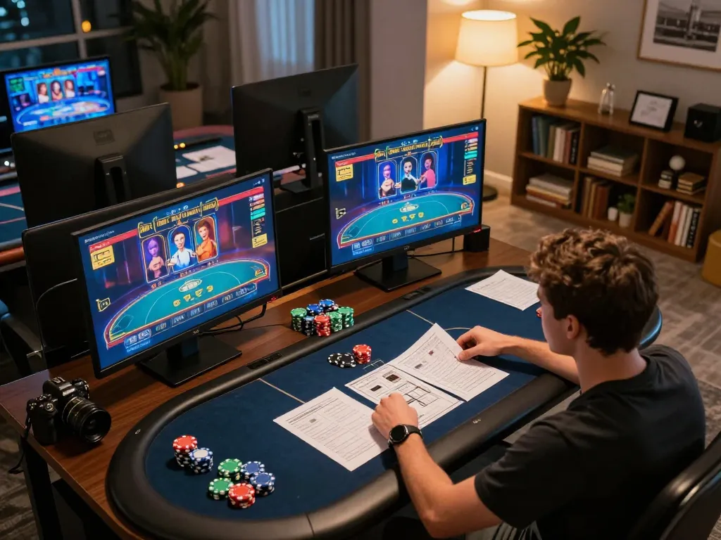 Gamer strategizing in kp88 online casino, showcasing multiple screens and colorful chips