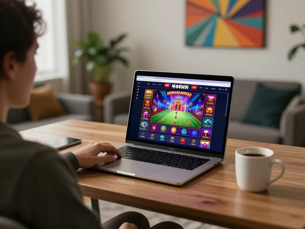 Engaging gameplay on the 4444WIN plataforma with a laptop showcasing thrilling games in a cozy setting