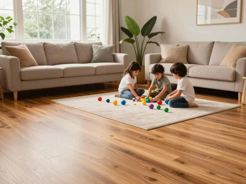 Family enjoying their new hardwood flooring at home, highlighting local flooring specialists near me.