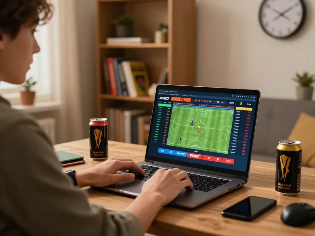RIKBET user engaged in online sports betting setup with live odds displayed on laptop in a cozy home office.