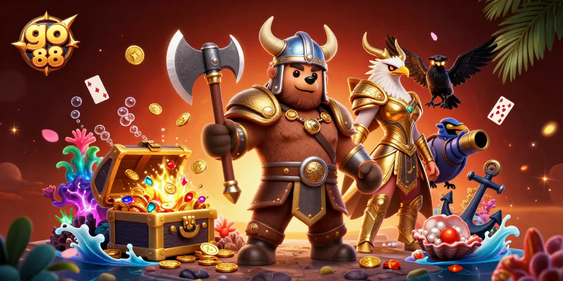Experience thrilling gaming action with go 88 in this vibrant casino illustration, featuring unique characters and elements.