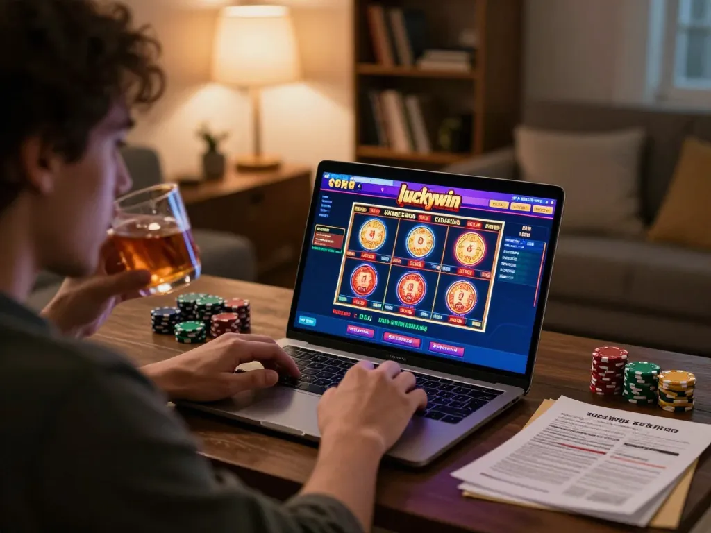 Engaging session at luckywin casino with vibrant slot displays, a cozy home atmosphere highlighting strategic gaming.