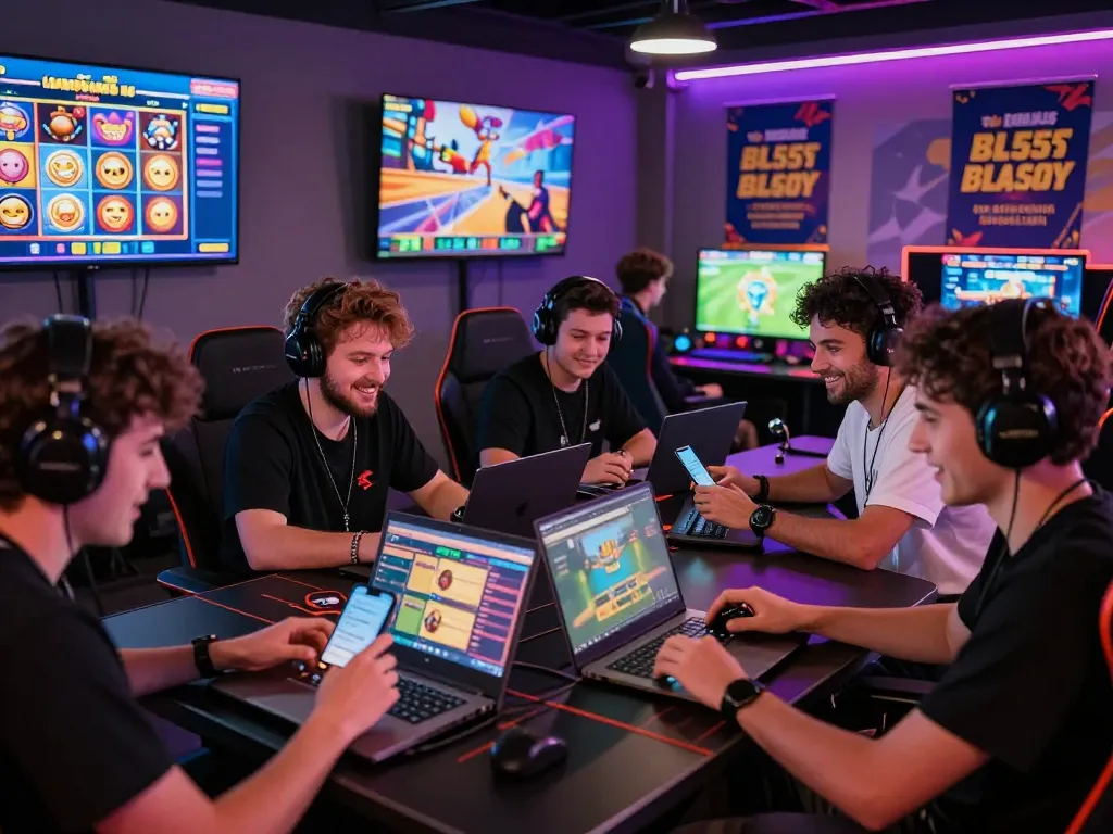 Players enjoying various games on devices at BL555, highlighting vibrant online gaming atmosphere.