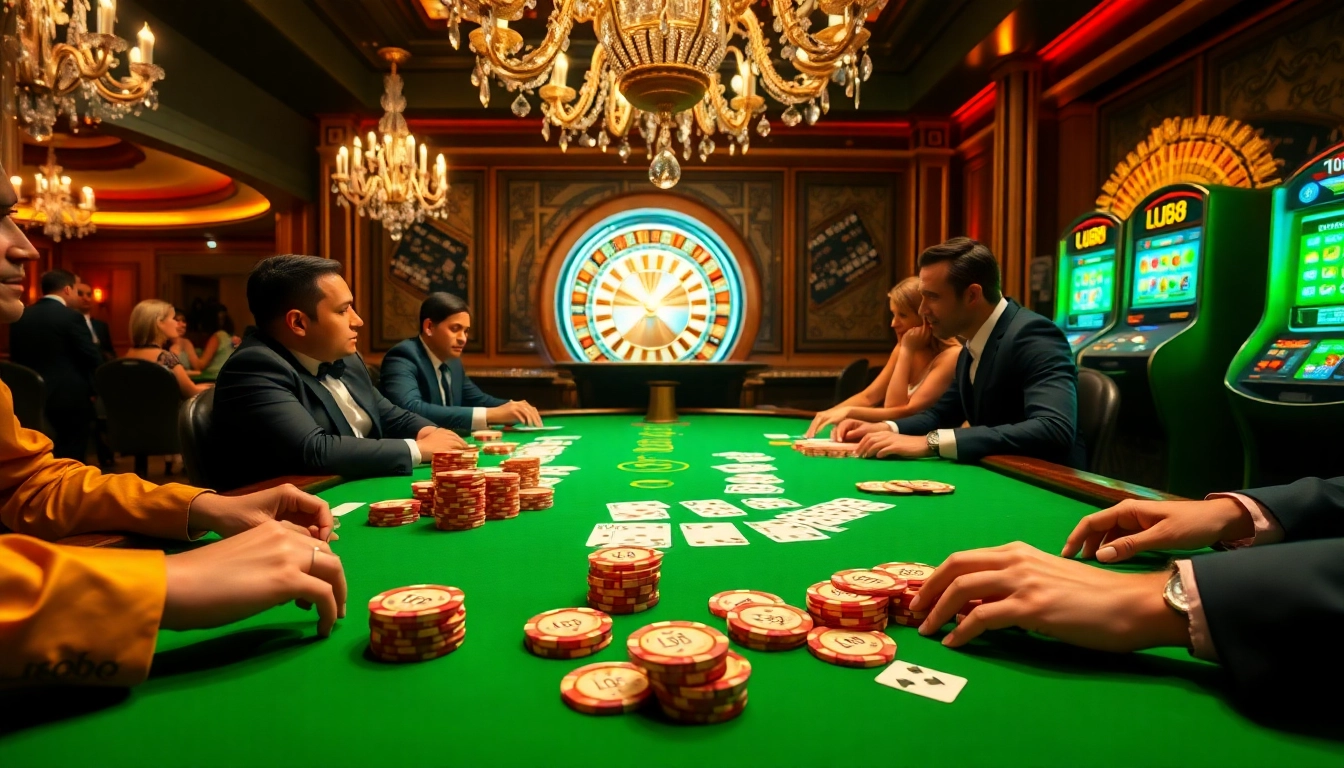 Engage with LU88 at a luxurious poker table amidst an exhilarating casino atmosphere.