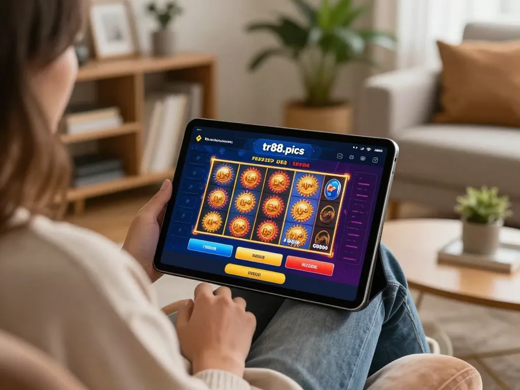 Person engages with tr88.pics online casino app on tablet in a cozy home setting.