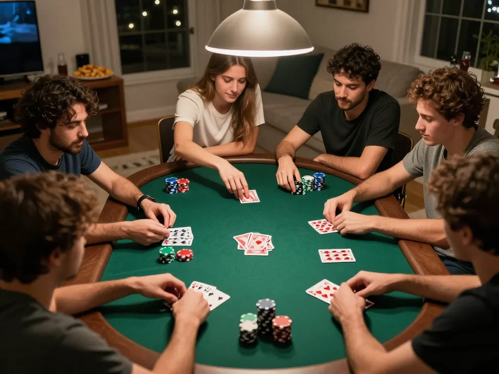Friends enjoying a thrilling poker night at home, emphasizing f168.ing fun and competitive gameplay with colorful chips and cards