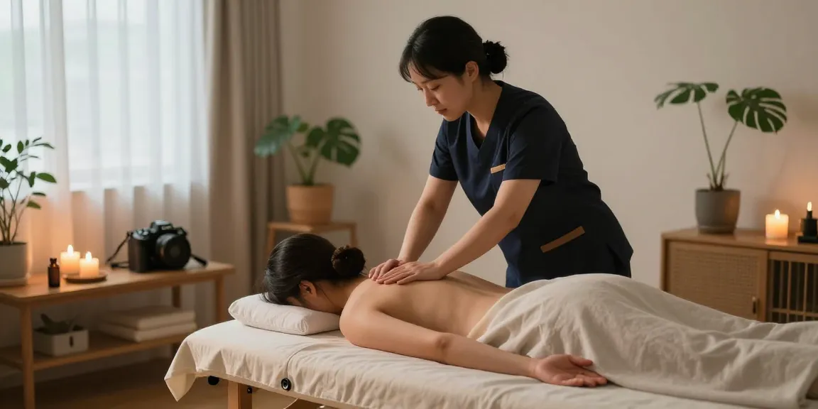 Relaxing home 노원출장안마 session with a therapist and client in tranquil living room.