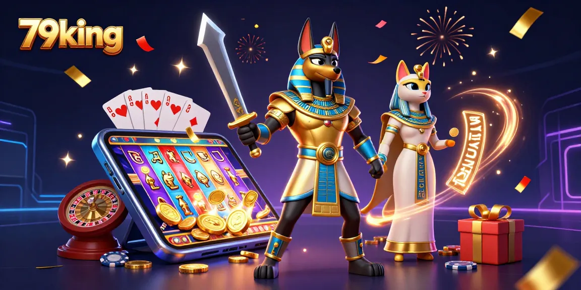 Experience thrilling games with 79king and its dynamic casino illustration featuring Anubis and Bastet.