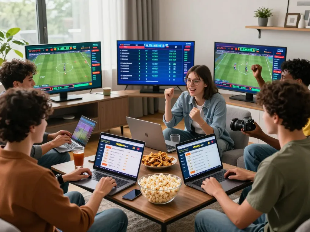 Friends enjoying a lively sports betting experience with 789bet.com, surrounded by digital devices and snacks in a modern living room.
