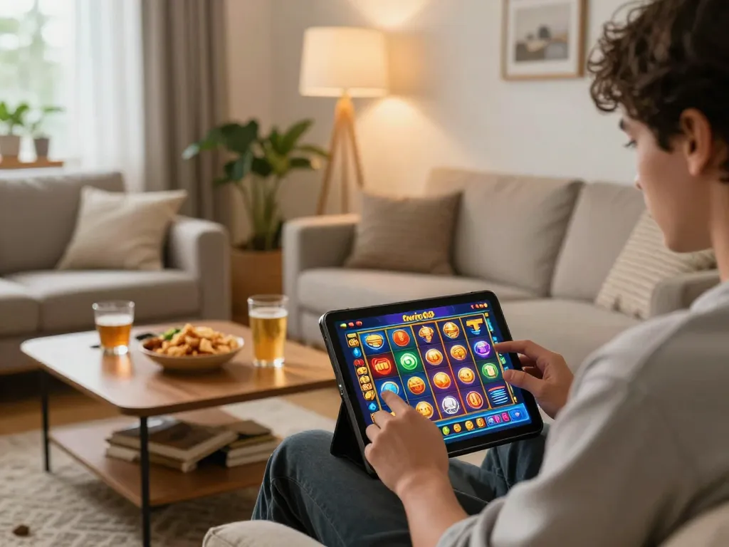 Player enjoying twin68 slot games on tablet in cozy living room setting, emphasizing online gambling excitement.