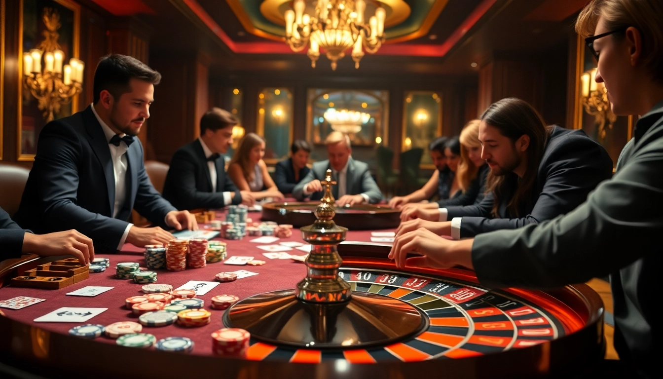 Players enjoying high-stakes gaming at Nhà cái 8DAY casino table with vibrant chips and cards.
