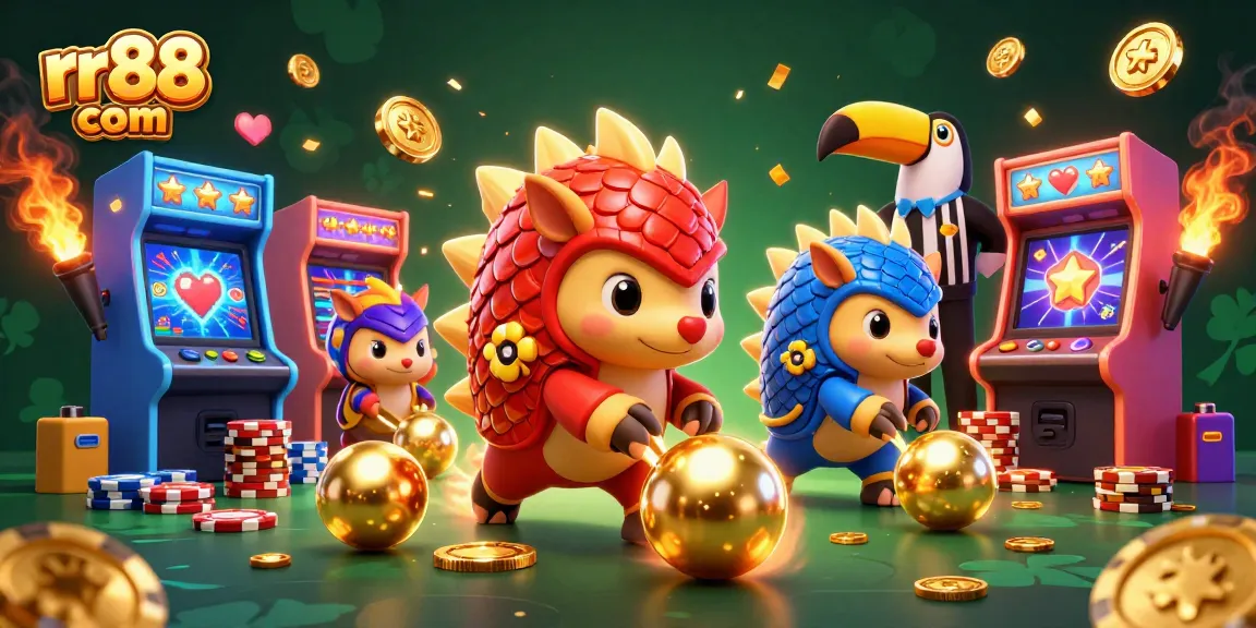 Engage in thrilling fun at rr88 com with colorful pangolins bowling through poker chips in a vibrant casino scene.