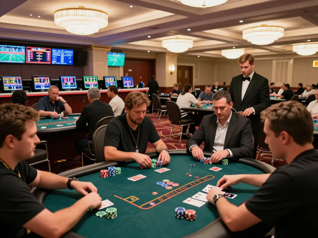 Players engaging in thrilling poker games at okfun casino, vibrant atmosphere filled with gambling excitement.