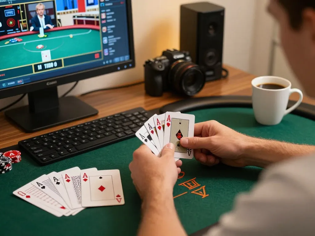 Player enjoying an online poker game at home with ax88, focusing on winning strategies and notes.