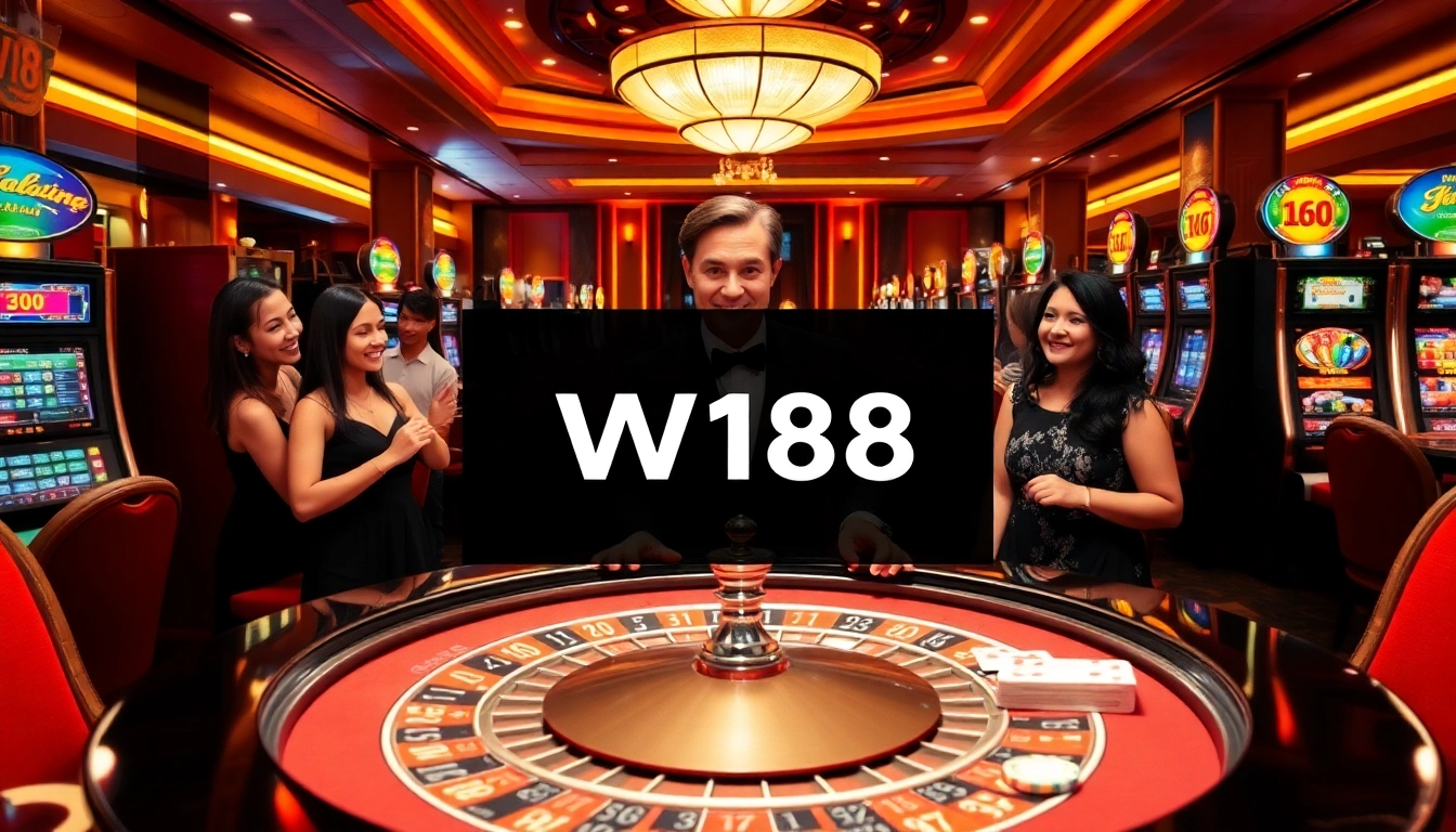 W188 players gambling at a roulette table in a luxurious casino setting, experiencing excitement and strategy.