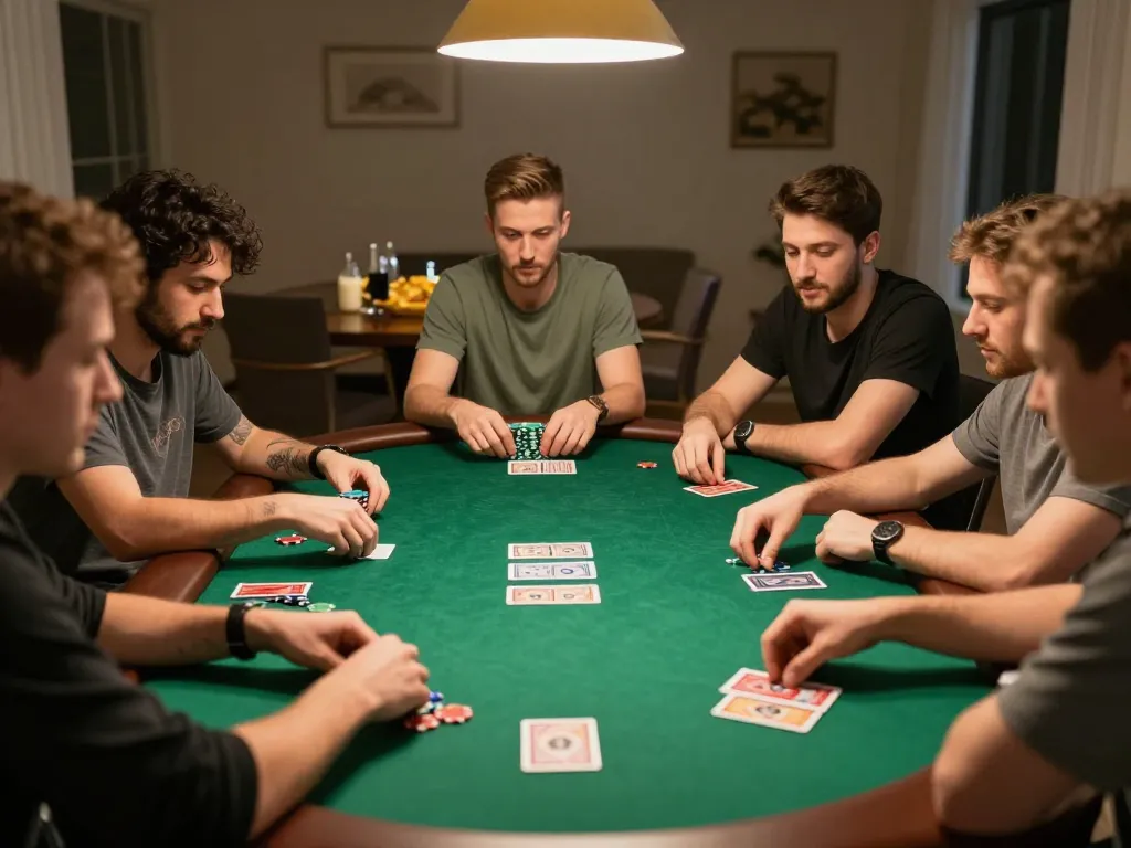 hb88 poker night scene with friends engaged in gameplay and colorful chips on a green felt table