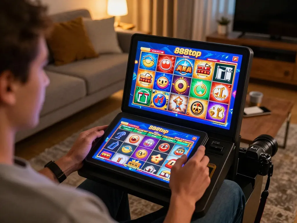 Player enjoying colorful slots on their tablet at home on 888top, showcasing vibrant gaming experience.