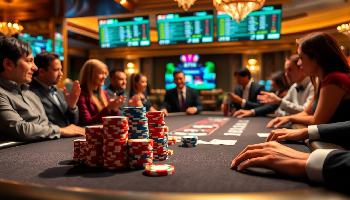 A vibrant poker scene showcasing live gaming excitement at https://uu88xpj.com/, featuring colorful chips and professional dealers.
