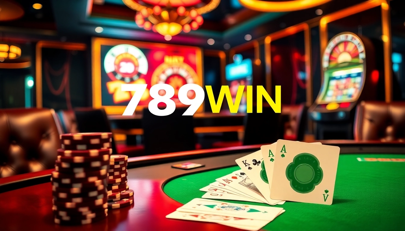 Experience high-stakes action with 789WIN at a luxurious poker table, featuring vibrant chips and ambient casino lights.