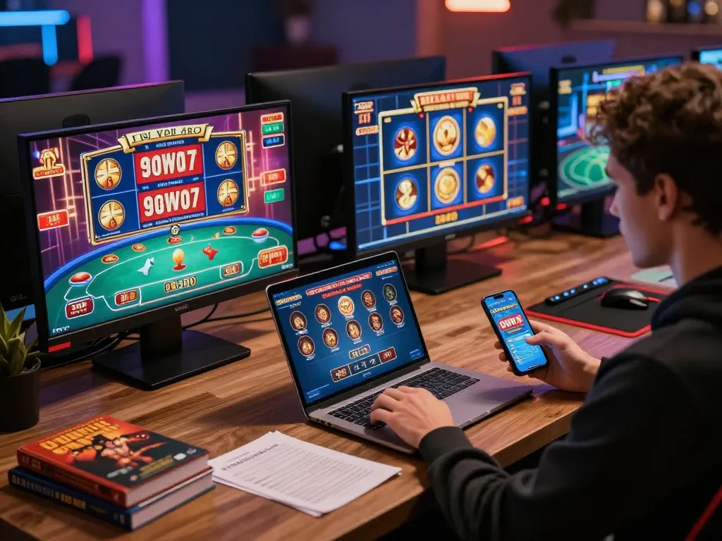 Player engaging with K8 casino games on multiple screens in a stylish home setup.