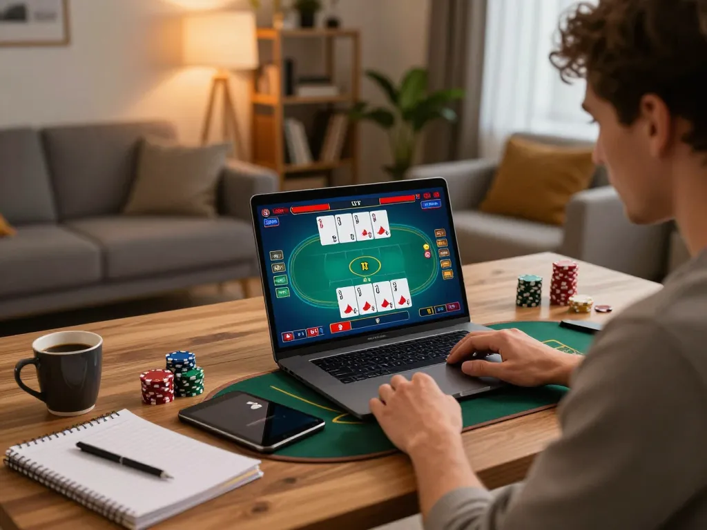 Engaged player at home using laptop for uu8855 poker game, showcasing warm and strategic environment.