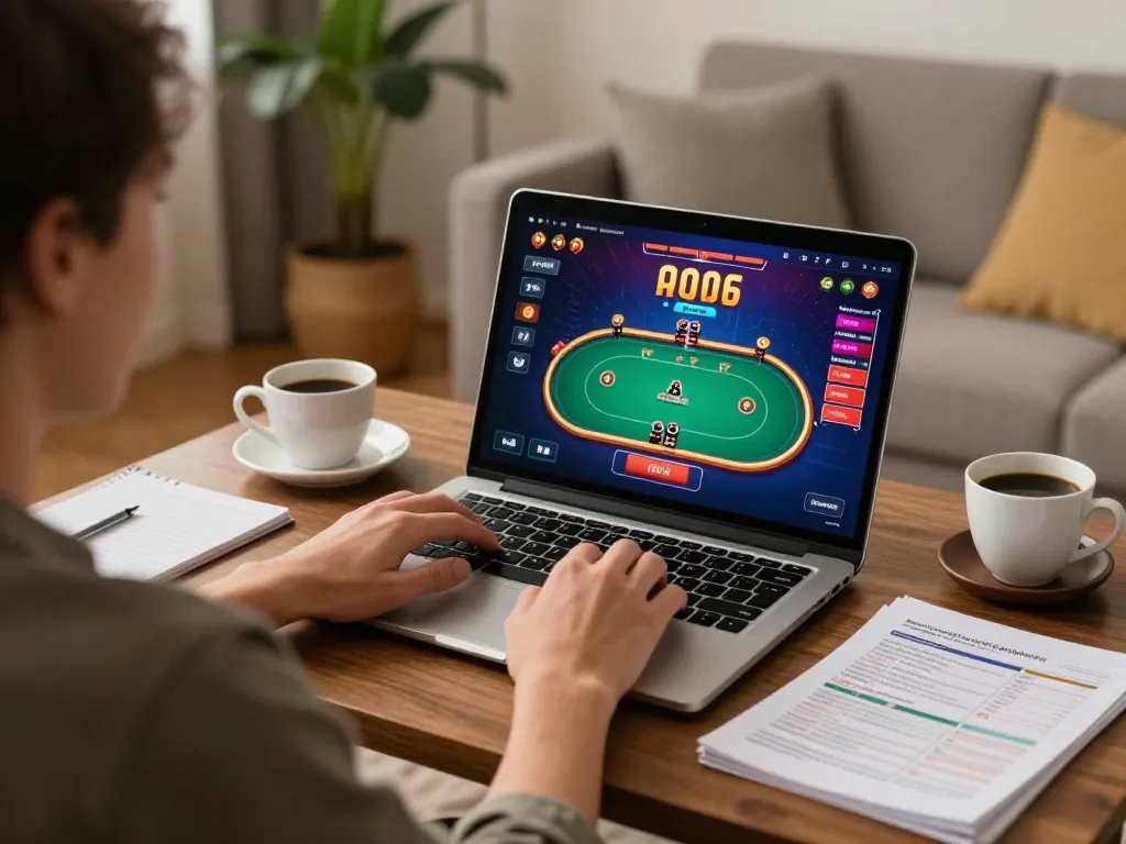 Person gaming on 13winco online casino site, focused on poker strategy.