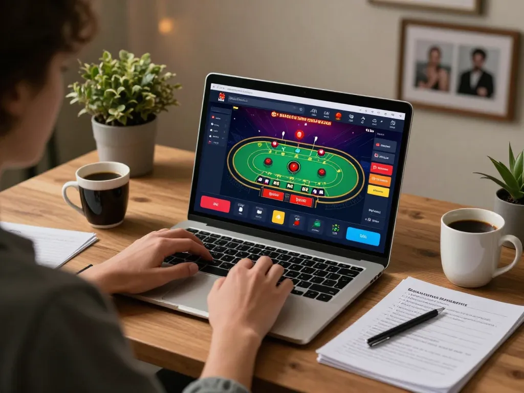 Engaging in x88 online gambling with a live dealer game on a laptop in a stylish home office.