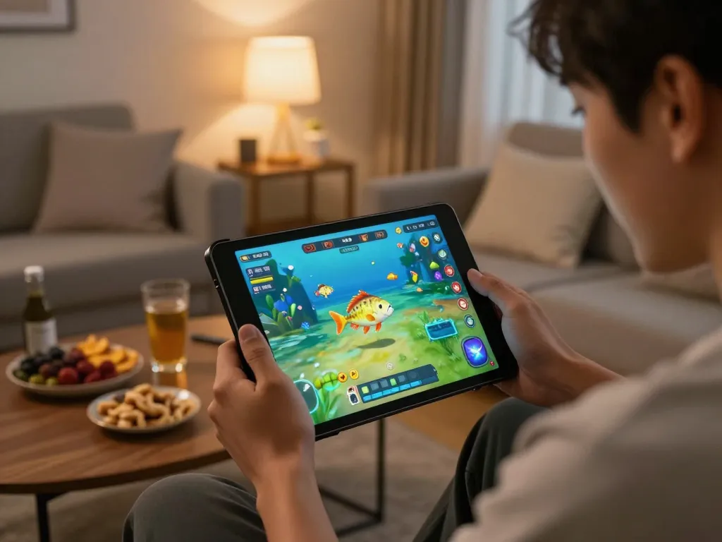 Engaging gameplay of game bắn cá đổi thưởng displayed on tablet in a cozy home setting.