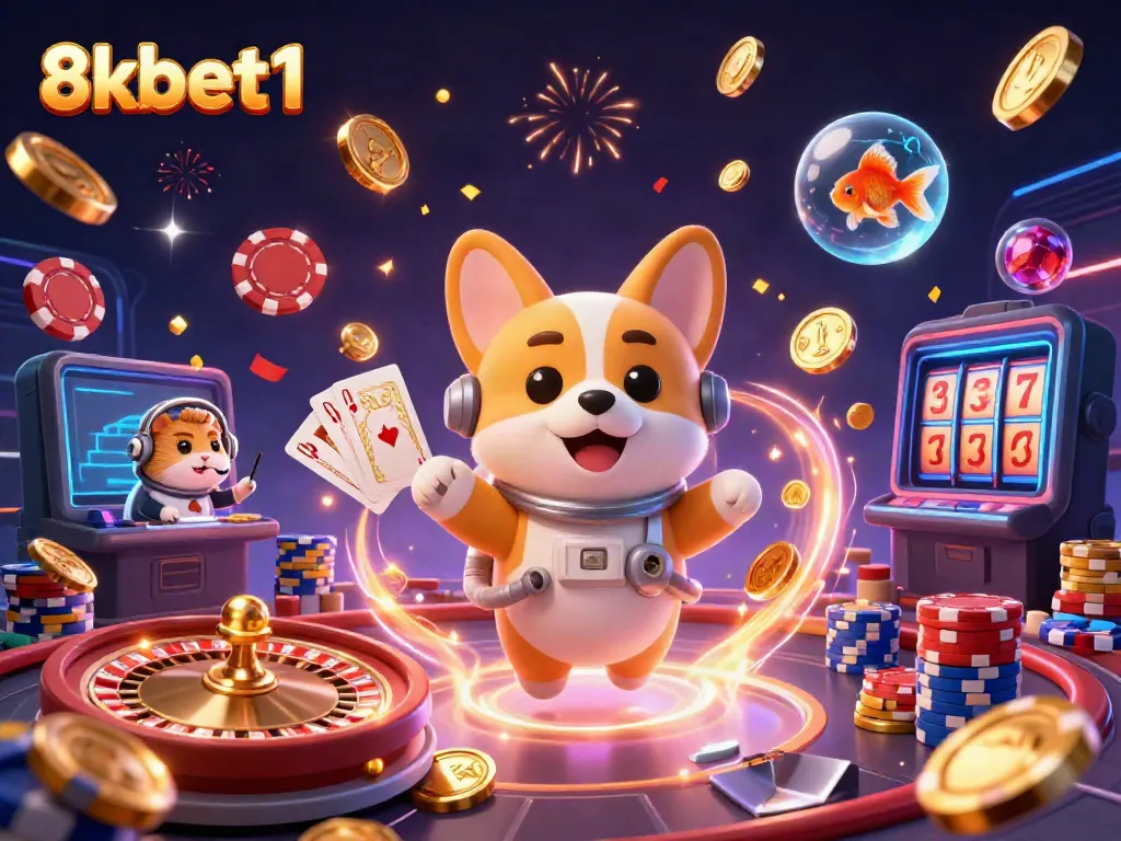 Hệ thống cá cược 8kbet1 với một chú chó corgi phi hành gia bơi lội giữa các đồng tiền vàng và chips poker, tạo khung cảnh đầy màu sắc.