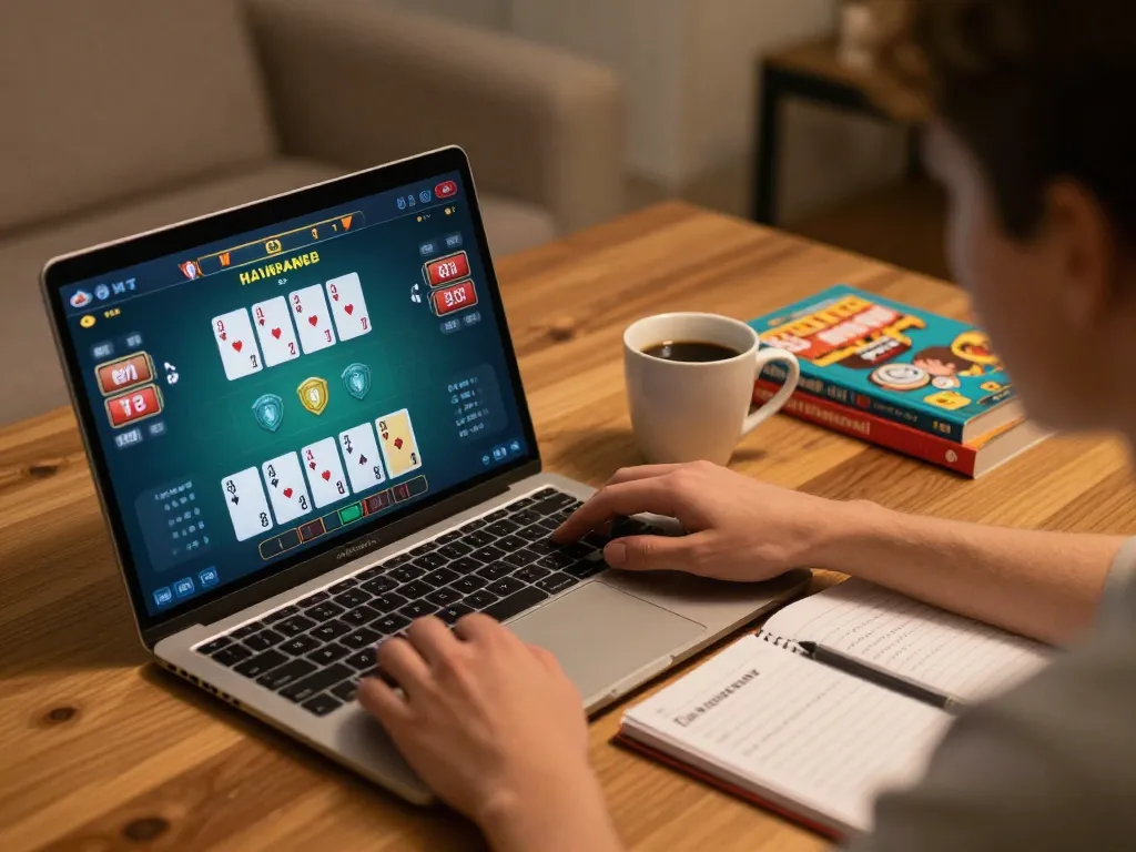 Player enjoying KM777 online blackjack game at home, displaying cards and strategic notes.