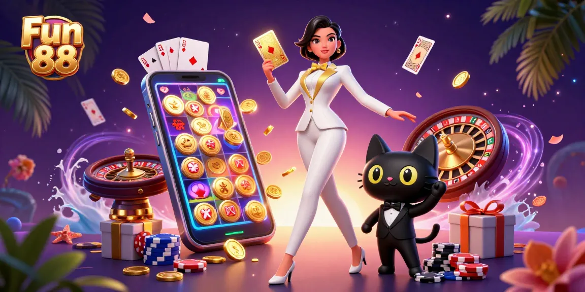 Engage in thrilling Fun 88 games, featuring a glamorous woman and playful cat in a dynamic casino scene.