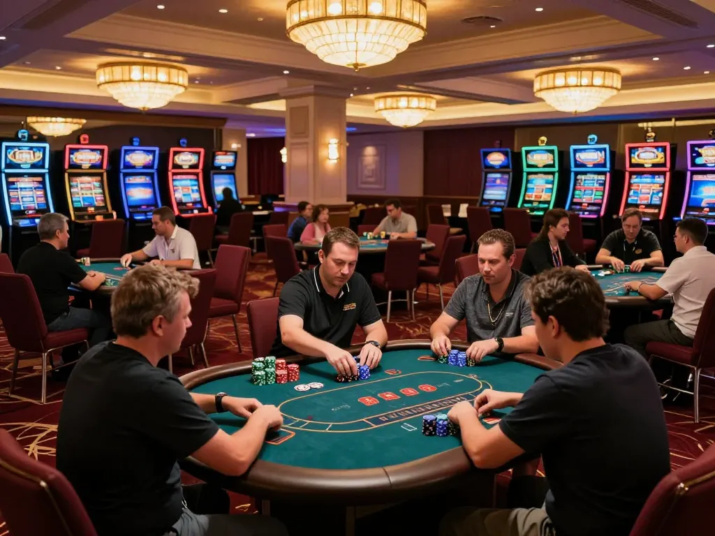 Players enjoying a strategic poker game at AU88's upscale casino, featuring vibrant decor and luxurious settings.