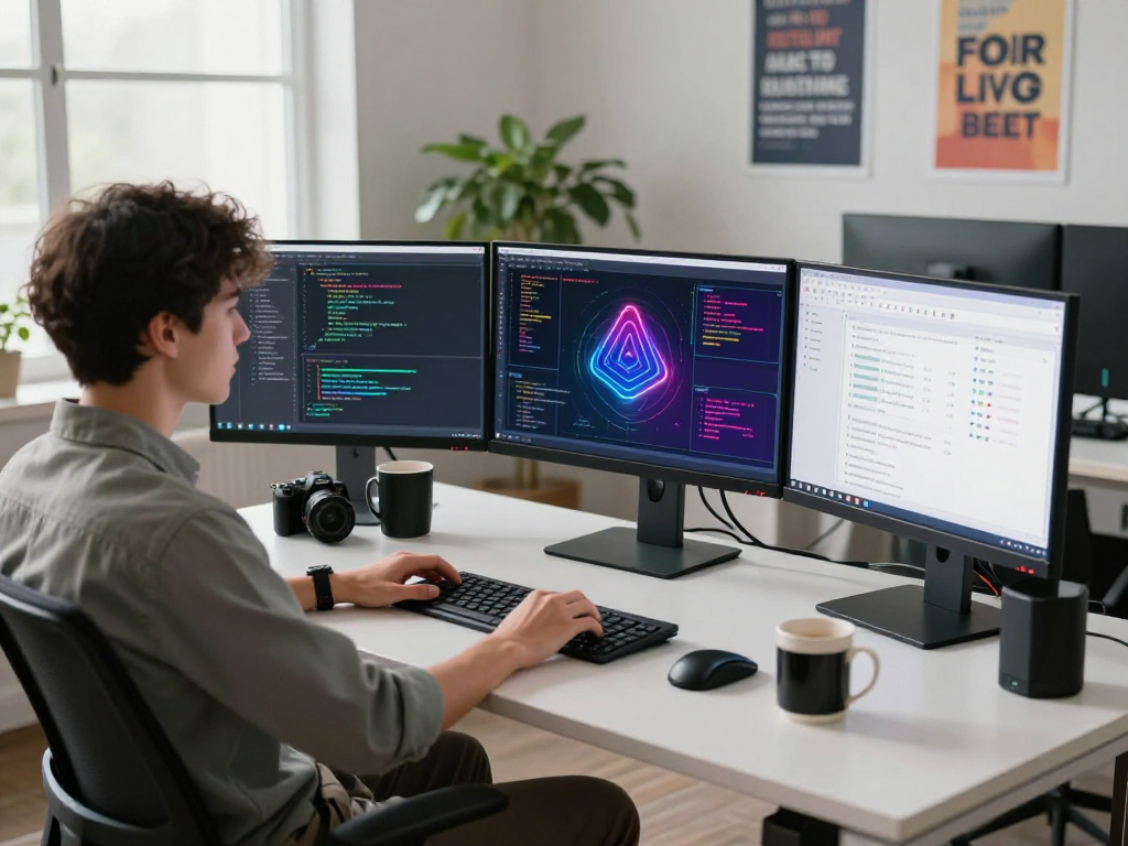 AI developer coding with multiple screens in a modern workspace, focusing on ia +18 technology.