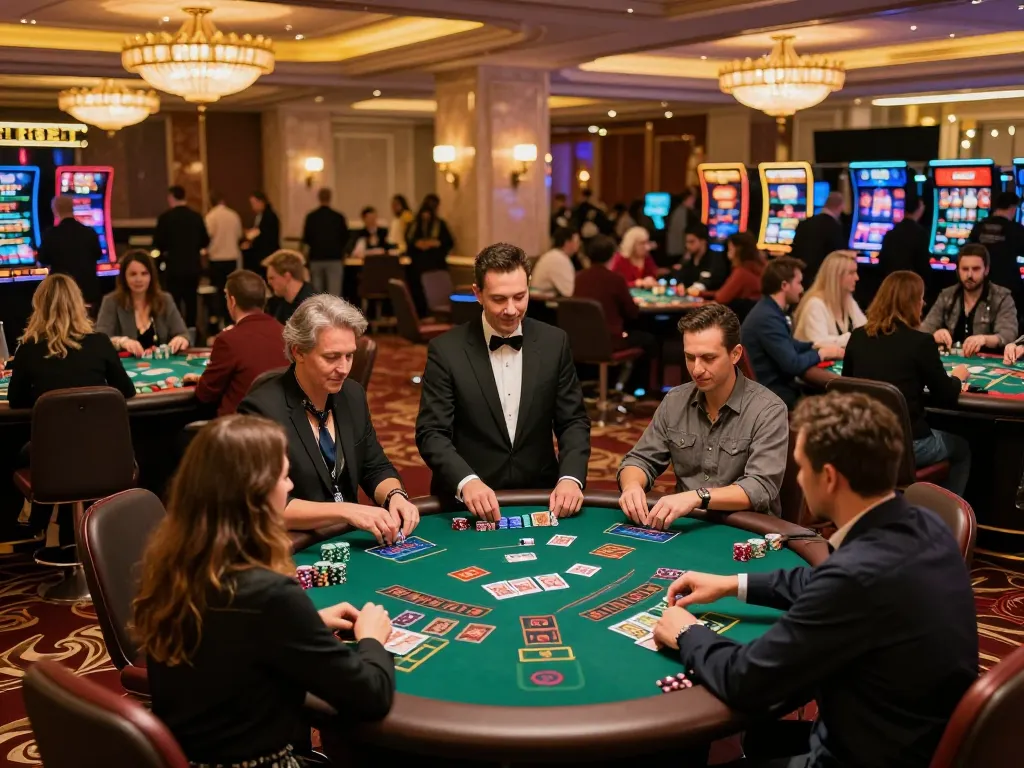 Players enjoying blackjack at F8BET's vibrant casino floor, capturing high-stakes gaming excitement.