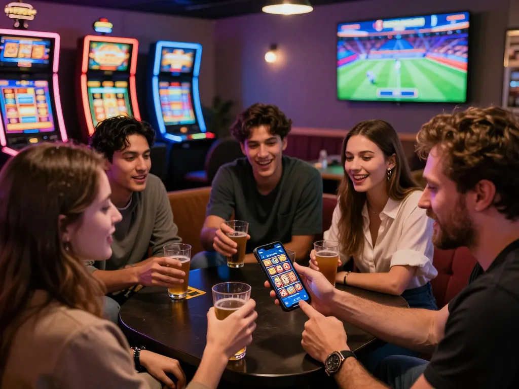 Excited group of friends enjoying the 45x com online casino app in a vibrant gaming atmosphere.
