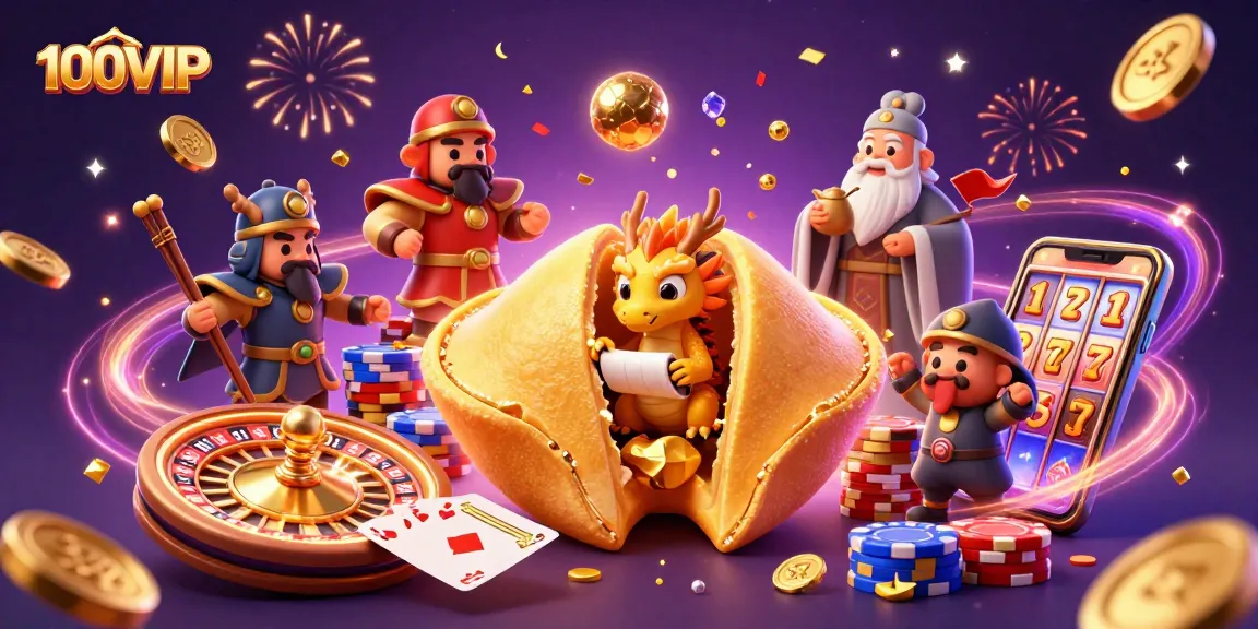 Experience excitement at 100VIP with vibrant casino elements and golden treasures.