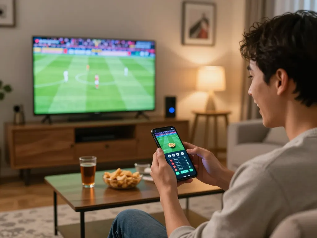 Person betting online with MM88 app while watching a live sports match on TV, excited atmosphere.