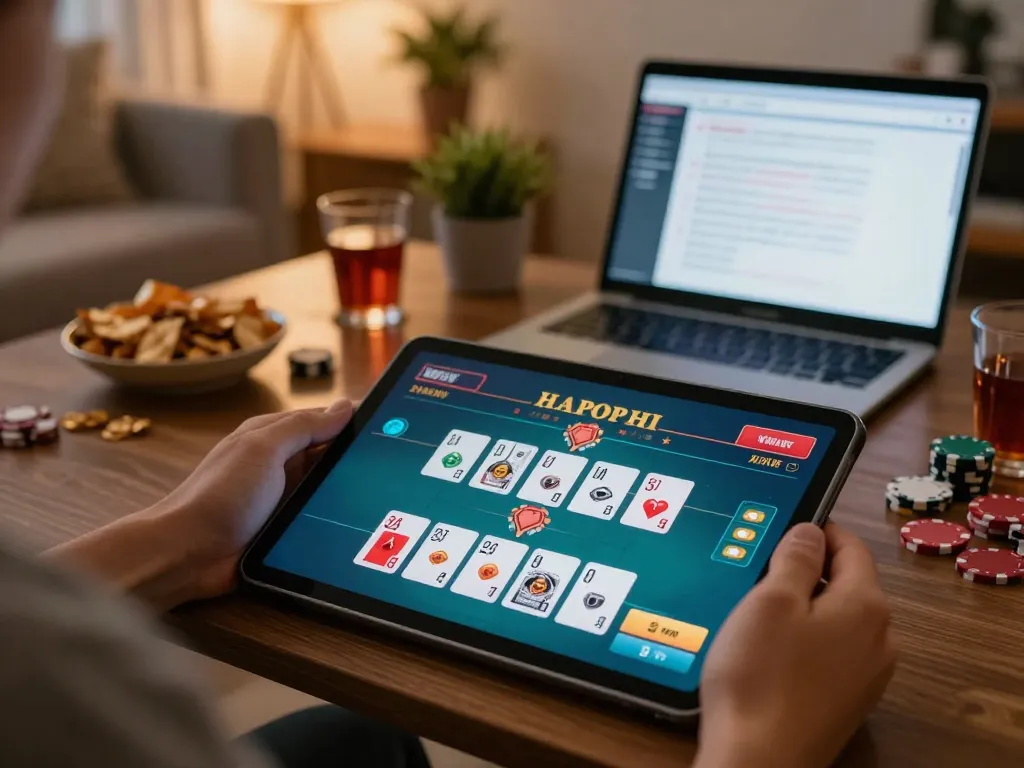 Hitclub player enjoying an engaging online poker game on tablet in cozy home setting