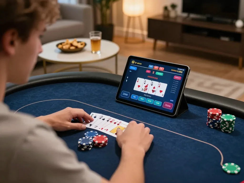 Luck8 user playing an online poker game on a tablet in a cozy living room