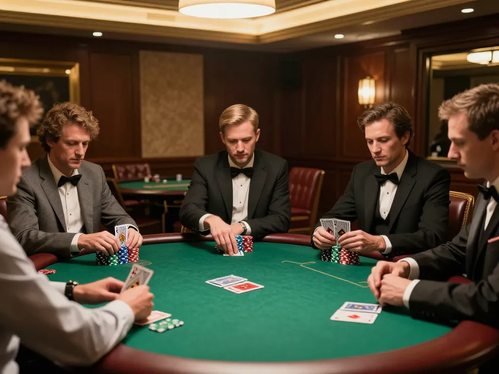 79KING poker players strategizing with intense focus at a high-stakes game table.