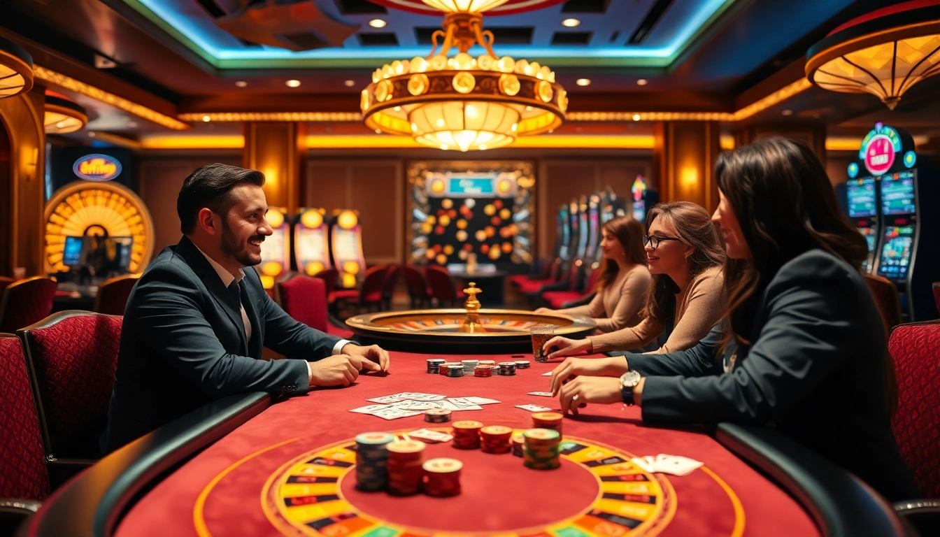 Players enjoying the excitement of gambling at JBO casino tables with vibrant roulette and poker experiences.